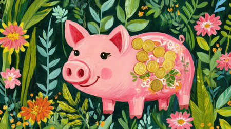 This vibrant illustration features a cheerful pink pig surrounded by colorful flowers and lush green leaves, embodying a whimsical garden scene.の素材