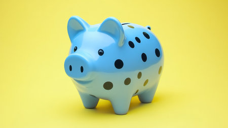This charming blue piggy bank with polka dots sits against a bright yellow background, symbolizing savings, finance, and childhood joy in saving money.の素材