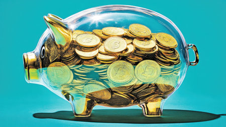 A striking image of a transparent piggy bank brimming with shiny gold coins, set against an eye-catching blue backdrop, symbolizing savings and financial goals.の素材