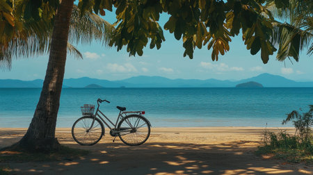 A serene beach scene featuring a vintage bicycle resting under palm trees with calm waters and distant islands, perfect for capturing summer tranquility.の素材