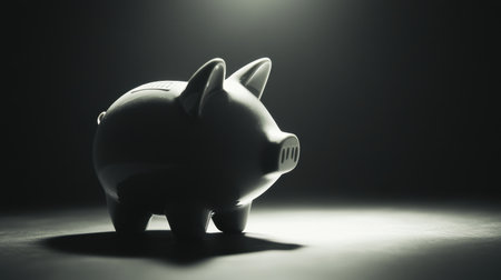 A sleek modern piggy bank sits in a soft light setting, symbolizing savings, financial awareness, and growth. Its design evokes a sense of security and prosperity.の素材
