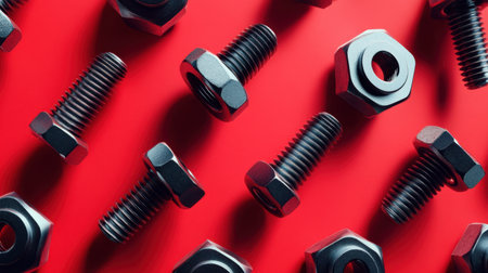 A captivating close-up view showcasing an array of black bolts and nuts arranged on a striking red background. This image illustrates the essence of industrial design and engineering.の素材