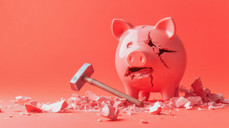 This image shows a cracked pink piggy bank next to a hammer, symbolizing financial distress and broken savings dreams against a bright coral backdrop.の素材