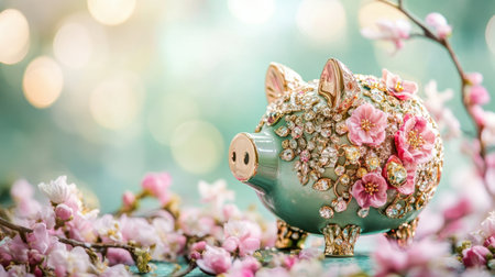 This image features a beautifully decorated piggy bank adorned with pink cherry blossom flowers, creating a charming and inviting scene perfect for finance-related themes.の素材