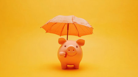 This image features a charming piggy bank holding a bright orange umbrella against a vivid yellow backdrop, representing savings and financial protection.の素材