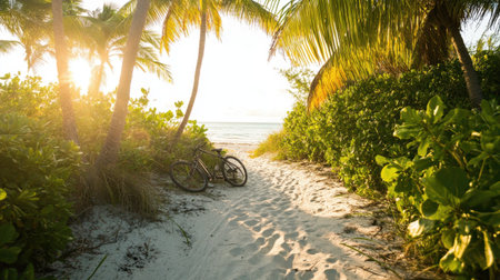 Explore a tranquil coastal pathway surrounded by lush palm trees, leading to a beautiful ocean view, ideal for relaxation and escape.の素材