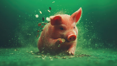 An adorable pink piglet joyfully runs through a vibrant green environment, tossing a coin amidst sparkling dust and coins, symbolizing fun and wealth.の素材