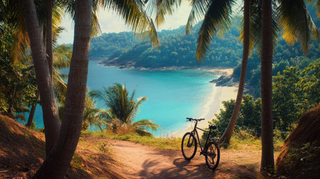 A stunning view of a serene beach with a bike resting on a path, surrounded by majestic palm trees and a tranquil ocean landscape, perfect for adventure.の素材