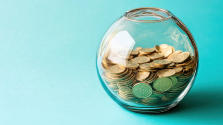 A clear glass jar filled with shiny coins adds a fresh touch to the vibrant turquoise background, symbolizing savings and financial growth opportunities.の素材