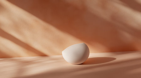 A serene composition featuring a single white egg resting on a soft peach background, illuminated by gentle natural light, creating a minimalist aesthetic perfect for various design needs.の素材
