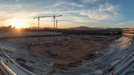 A panoramic view of a stadium currently under construction at sunset, showcasing cranes and machinery in a bustling building site environment.の素材