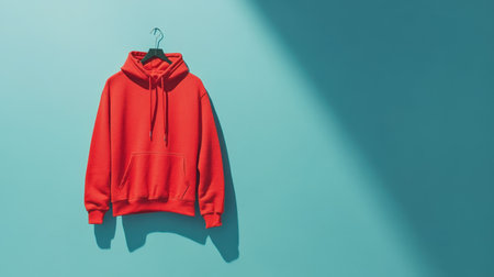 A striking bright red hoodie hangs gracefully against a soft light blue wall, casting intriguing shadows. The scene captures simplicity and style in contemporary fashion.の素材