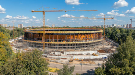 This image captures the dynamic construction of a modern stadium, showcasing cranes and building efforts amidst an urban landscape on a clear day.の素材