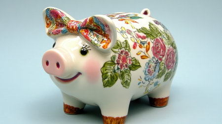 This delightful ceramic piggy bank features a detailed floral pattern and a colorful bow, perfect for adding charm to any home decor while encouraging savings.の素材