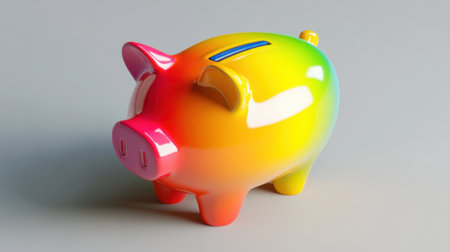 A vibrant and colorful piggy bank designed in rainbow hues, set against a neutral gray background. Ideal for themes of savings and financial education.の素材