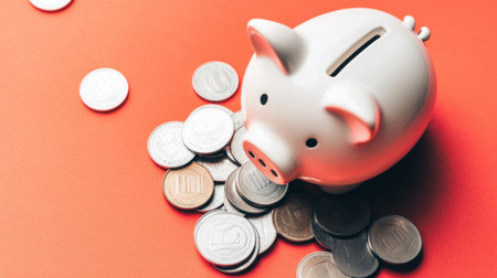 This image features a cute piggy bank resting on a bright orange background, surrounded by various coins. It represents themes of saving, financial planning, and wealth building. Perfect for financial education and budgeting concepts.の素材