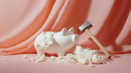 A visually striking image of a broken piggy bank with a hammer nearby, symbolizing the impact of financial decisions and savings on personal finance.の素材