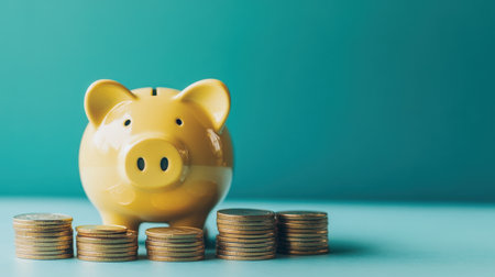 A cheerful yellow piggy bank stands alongside neatly arranged stacks of coins, set against a vibrant turquoise backdrop, symbolizing saving and money management.の素材