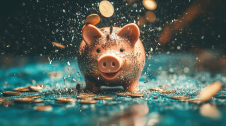A vibrant image of a piggy bank amidst a flurry of coins and glitter, illustrating the excitement of saving money and achieving financial dreams.の素材