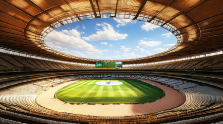 This image portrays a stunning stadium interior featuring a bright blue sky and open roof, ideal for showcasing events or sports competitions. The empty seating captures anticipation.の素材