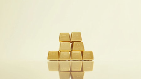 A stunning arrangement of golden bars styled in a pyramid formation, beautifully reflecting on a smooth surface, showcasing luxury and wealth concepts.の素材