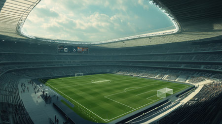 A stunning view of a modern soccer stadium featuring a well-maintained grass field under a bright sky, showcasing architectural beauty and spectator excitement.の素材