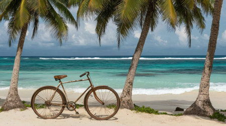 A charming vintage bicycle stands on a picturesque beach, surrounded by tall palm trees and the vibrant colors of the ocean, inviting relaxation and adventure.の素材