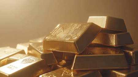 This detailed close-up image showcases a pile of shiny gold bars that reflect light in a luxurious setting, symbolizing wealth and prosperity.の素材