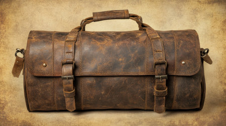 This vintage leather duffle bag features a classic design with a rustic texture, ideal for travel or storage. Crafted for durability and style, it enhances any adventure.の素材