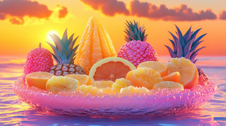 A vibrant arrangement of tropical fruits, including pineapples and citrus, beautifully displayed against a stunning sunset backdrop reflecting in calm waters.の素材
