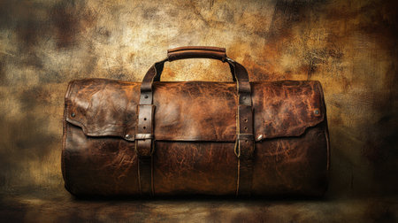 This image features a vintage leather duffle bag set against a rustic background with warm tones. The bag showcases intricate craftsmanship, ideal for travel and fashion contexts.の素材