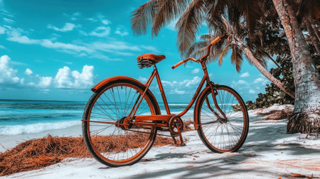 A vintage bicycle stands on a sandy beach surrounded by palm trees and ocean waves. The bright blue sky adds a serene and tropical atmosphere perfect for vacations.の素材
