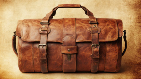 This vintage leather travel bag showcases a rustic design with elegant brass hardware, making it perfect for travel enthusiasts and fashion lovers alike.の素材