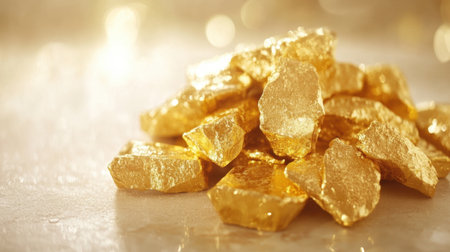 A stunning close-up view of gleaming gold nuggets arranged artfully on a smooth surface, enhanced by a soft-focus background filled with sparkling light.の素材
