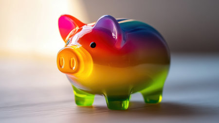 This vibrant glass piggy bank captures attention with its rainbow-colored finish, ideal for promoting savings and financial responsibility in a playful way.の素材