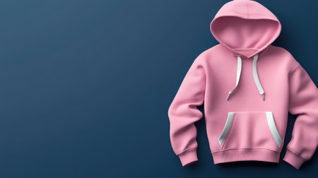 A soft pink hoodie laid flat against a dark blue backdrop, showcasing its cozy and stylish design, perfect for casual wear and modern fashion photography.の素材
