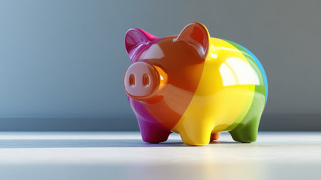 A vibrant, colorful piggy bank designed in rainbow hues sits elegantly against a light background, perfect for conveying financial growth and savings.の素材