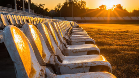 An empty row of weathered stadium seats illuminated by golden sunlight at sunset creates a serene and tranquil atmosphere, ideal for sports fans.の素材