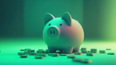 A charming piggy bank sits amid scattered coins, illuminated by captivating green light, symbolizing savings, investment, and financial growth.の素材