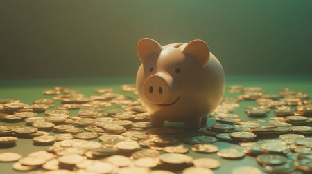 A captivating image of a cheerful piggy bank placed among scattered coins, symbolizing the importance of savings and effective financial planning.の素材