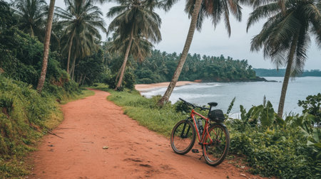 A tranquil scene featuring a bicycle parked on a sandy pathway, surrounded by lush palm trees and a serene coastal view on an overcast day.の素材