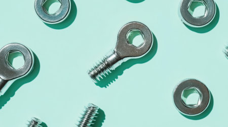 A collection of shiny metallic fasteners, including bolts and nuts, arranged aesthetically on a mint green background, showcasing precision and industrial design.の素材