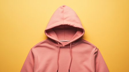 This image features a stylish pink hoodie placed on a vibrant yellow background, perfect for showcasing casual fashion and modern style.の素材