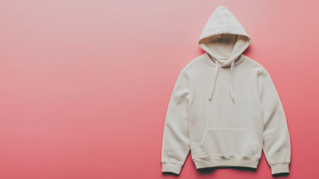 This image features a simple beige hoodie laid flat against a vibrant pink background, perfect for showcasing casual fashion and lifestyle themes.の素材