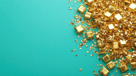 A vibrant composition featuring shimmering gold foil and small gold squares set against a bright blue background, ideal for artistic designs and luxury themes.の素材