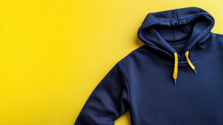 A stylish navy blue hoodie featuring vibrant yellow drawstrings, set against a bright yellow background. Ideal for fashion and lifestyle themes.の素材
