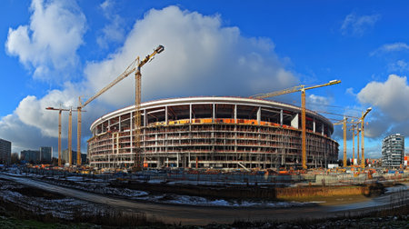 This dynamic image showcases the ongoing construction of a modern stadium, with cranes rising against a backdrop of a clear blue sky. The scene captures the energy of urban development and architectural innovation.の素材
