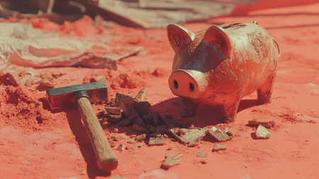 A shiny piggy bank sits on the ground surrounded by broken pieces and a hammer, symbolizing the effort needed for saving money. Perfect for finance themes.の素材