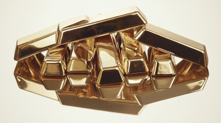 A stunning visual of gleaming gold bars stacked creatively, highlighting the essence of wealth and luxury. The reflective surface adds elegance.の素材