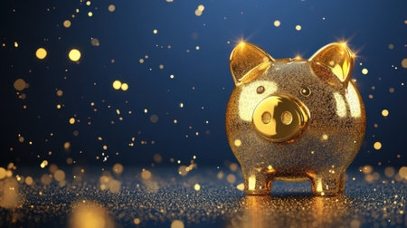 A captivating golden piggy bank stands proudly amidst shimmering glitter, representing financial success and prosperity. Perfect for themes of wealth and savings.の素材